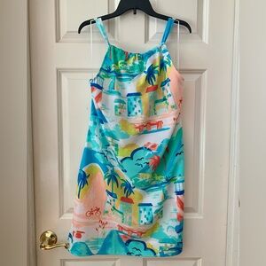 Crown & Ivy summer dress. Large. Vibrant colorful coastal scenery print.